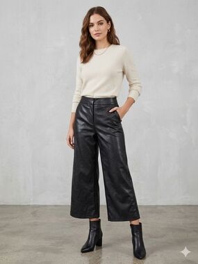 bagatelle Black Faux-Leather Wide-Leg Cropped Pants
